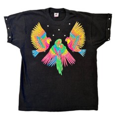 Vtg Carnival Women Sz XL T-Shirt Colorful Parrot Graphic Beaded Capped Sleeve
