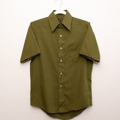 Vintage Put-On Shop Perma-Prest Button Down Shirt Olive 70s Mens S