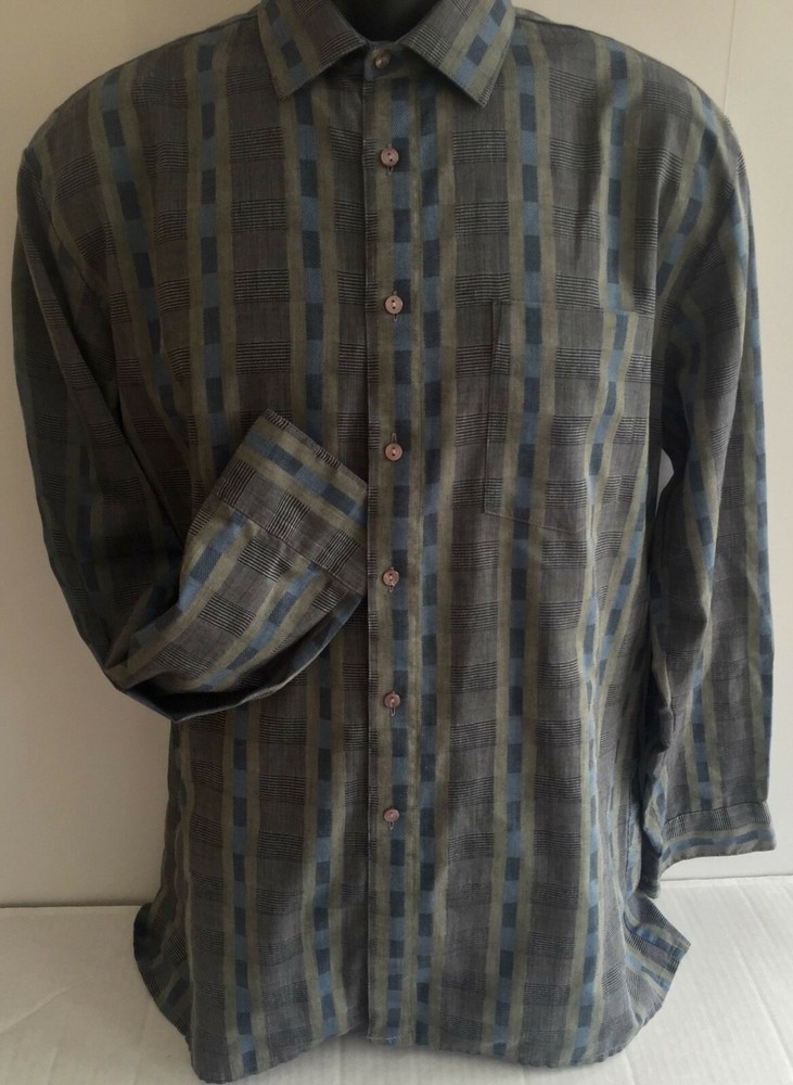 Bugatchi Uomo Shirt 16 Medium Large Gray Blue Black Multi Hong Kong Cotton