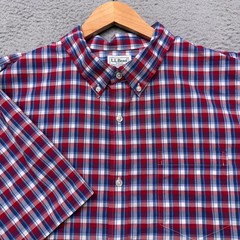 LL Bean Shirt Mens 2XL XXL Blue Red Plaid Button Down Short Sleeve Outdoor Camp