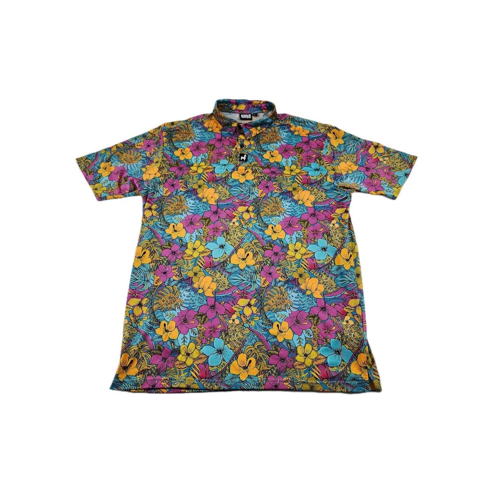 Lofty Llama Large – Hawaiian Hibiscus Floral AOP Golf Performance Stretch Polo