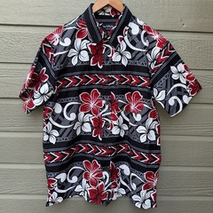 Kau Kauwa Men’s Sz Lg Hawaiian Style Shirt Red & Black Floral, 100% Cotton, GUC
