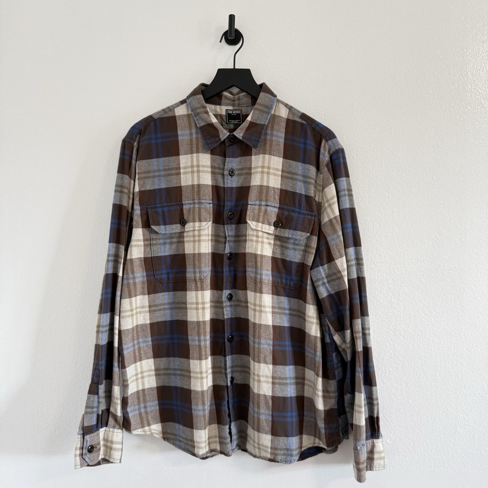 Todd Snyder Utility Flannel Button Down Shirt – Brown Blue Cream Plaid – Size XL