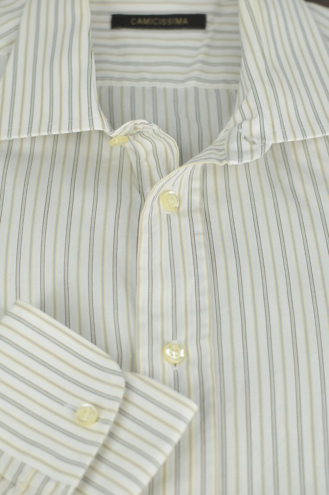 Camicissima Men’s White Brown Blue Yellow Stripe Cotton Dress Shirt 15.5 x 35
