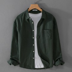 Men Shirt Long Sleeve with Button Solid Color Casual Pure Linen Shirt