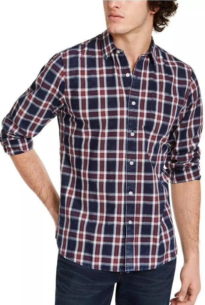 Sun + Stone Men’s Dio Plaid Button Down Shirt Blue 2XL