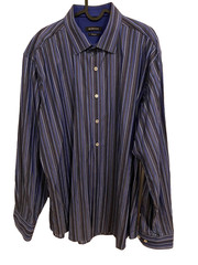 Bugatchi Men Long Sleeve Collared Striped Dress Shirt Classic Fit Blue Size XL