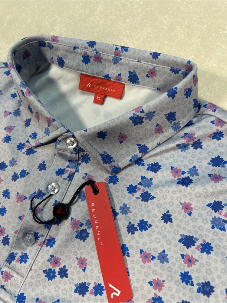 Redvanly Polo Shirt Blue Lavender Leone Floral Golf Performance Men Sz XL NWT