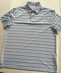 Izod Golf Advantage Performance Stretch Men L Light Blue Red Striped Polo Shirt