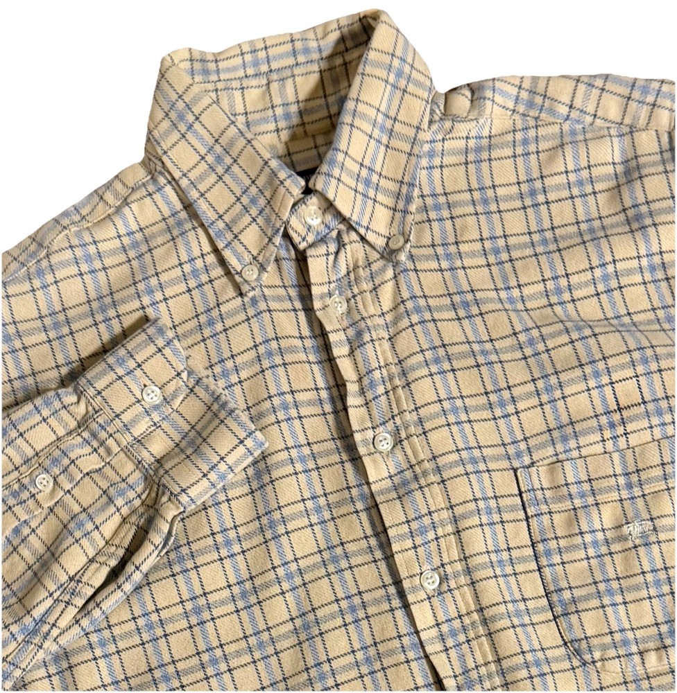 Burberry London Button Down Check Plaid Shirt Men’s Size 38 Light Beige/LT Blue