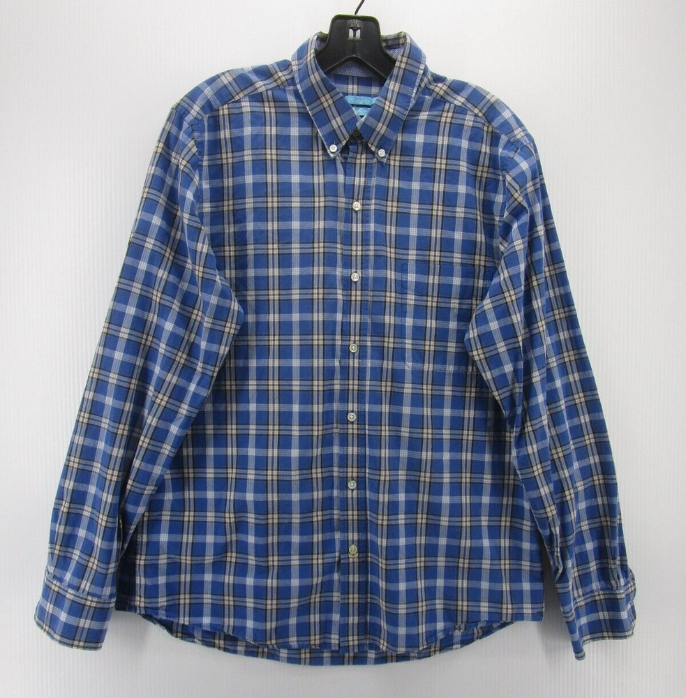 J Mclaughlin Shirt Men Large Blue Button Up Plaid Pocket Modern Fit Flip Cuffs