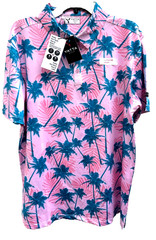 YATTA GOLF Polo Shirt TROPICAL PINK & TEAL BLUE PALM TREES (Men’s Large) NEW Tag
