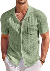 Coofandy Men’s Knit Button Down Classic Solid Mens Shirt Short Sleeve Vintage