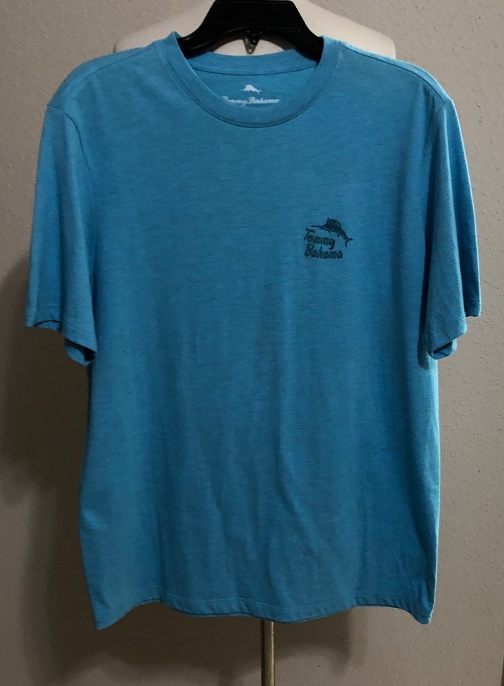 NWT TOMMY BAHAMA “S” MENS TURQUOISE HAZE HEATHER YOU SAY TOMATO ” TEE $ 49.50