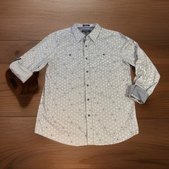 Geometric Print Gray Long Sleeve Button Up Collared Shirt Dad Office Business