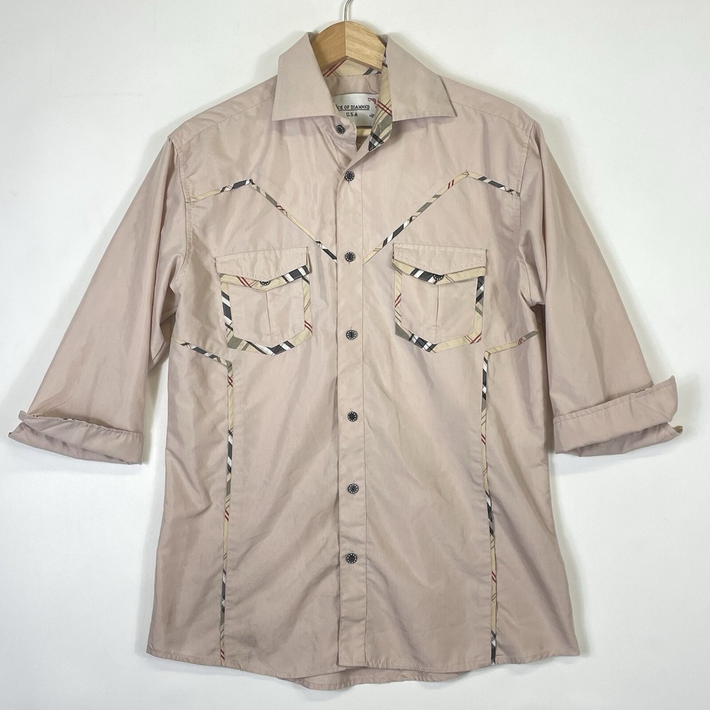 Ace of Diamond USA Shirt Mens Small Beige Plaid Trim Western Rodeo 3/4 Sleeve
