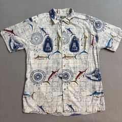 Vintage Global GPS Tracking Nautical Map Fish Short Sleeve Button Up Shirt L