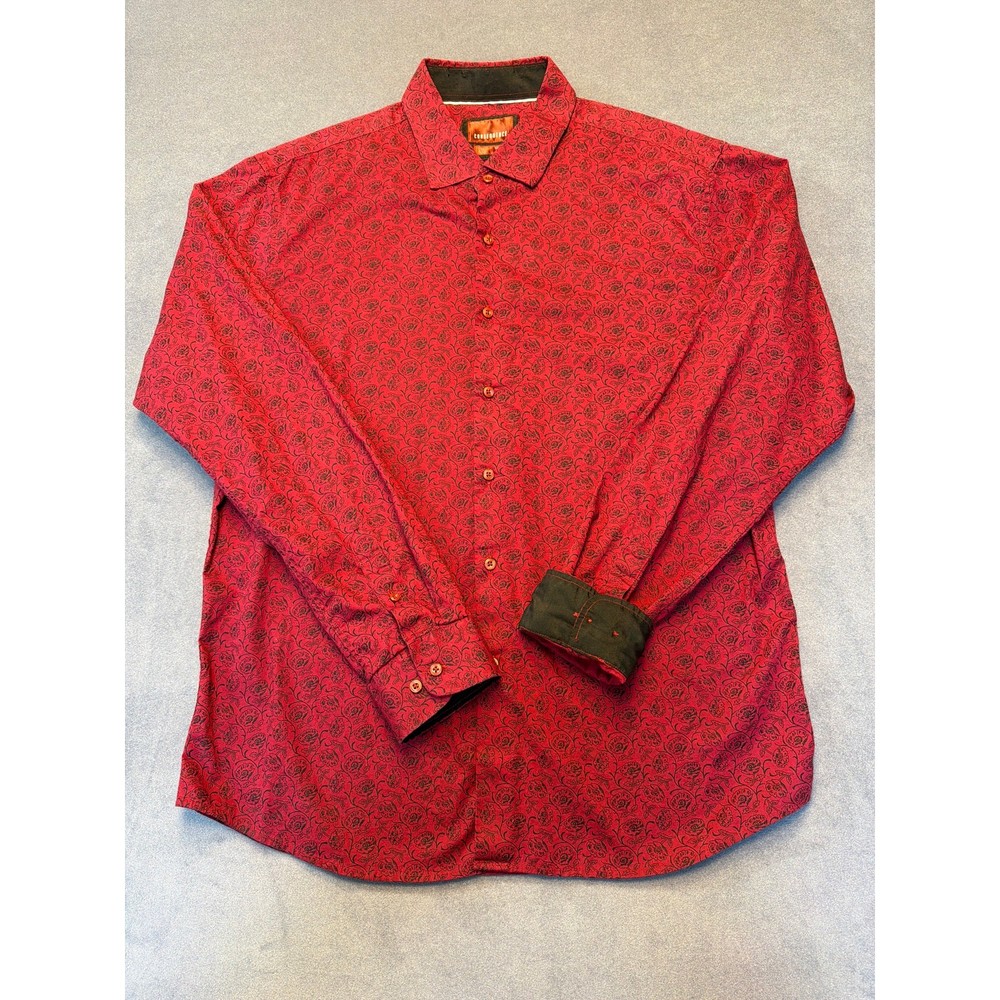 CONSEQUENCE Roses Flex Button Down in Burgundy Mens XL Slim Fit