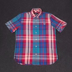 Fred Perry Button Down Shirt Large Multicolor Madras Plaid Short Sleeve Mod 60s
