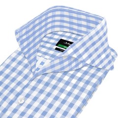 High Collar Open Cutaway Buttonless Collar Blue Gingham Checks Mens Party Outfit