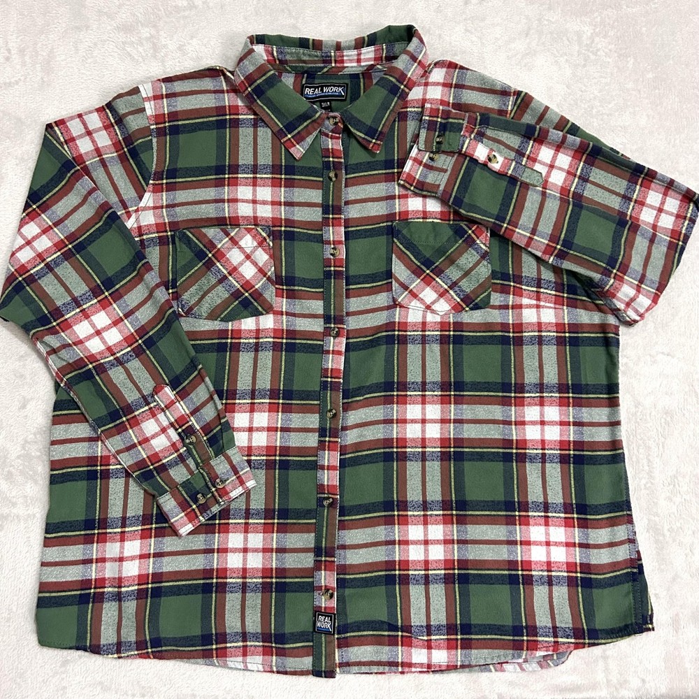 Real Work Long Sleeve Button Up Flannel Shirt Mens 3XLR Green Red Plaid Workwear