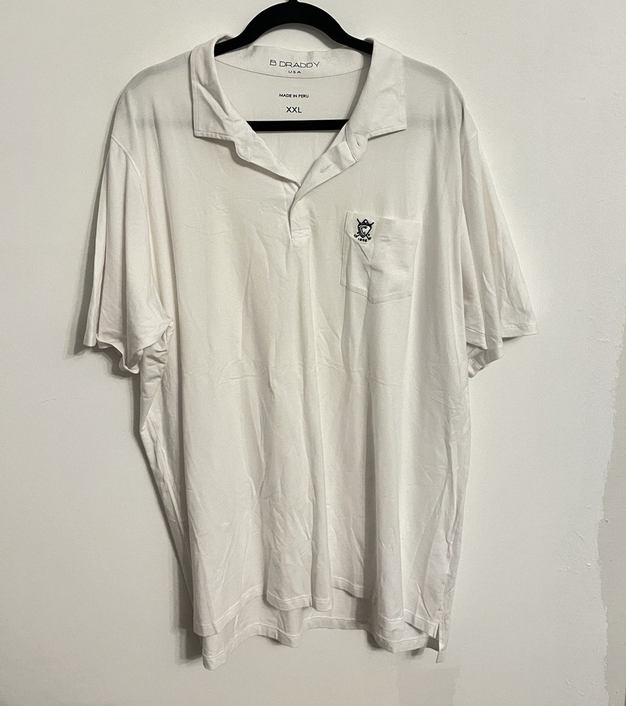 B. Draddy Men’s White Solid Short Sleeve Collared Logo Polo Shirt XXL