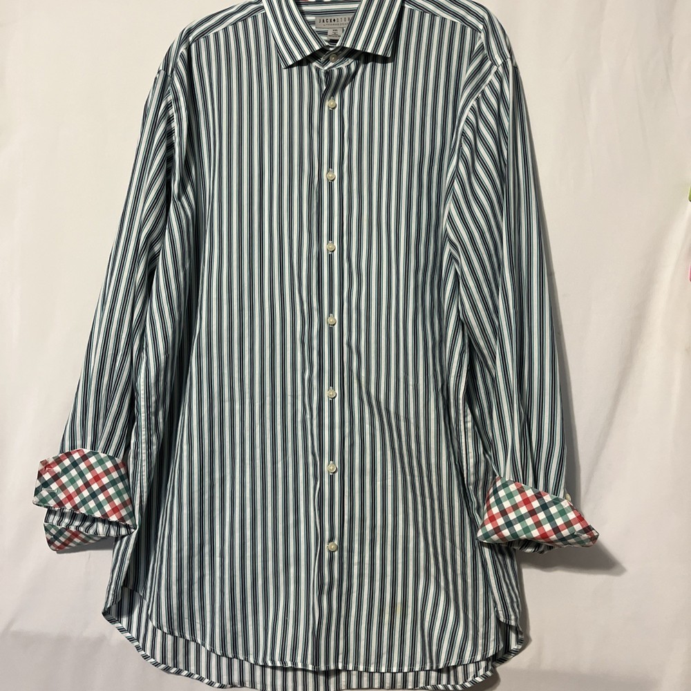 Jack Stone Thomas Dean Flip Contrast Cuff Stripe Casual Oxford Mens 2X XXL Blue