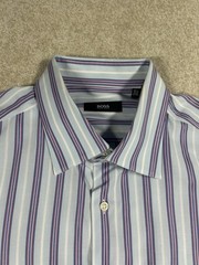 Boss Hugo Boss Shirt 16 32/33 Blue Purple Long Sleeve Button French Cuff Striped