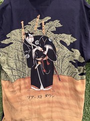 First Down Samurai Graphic Button Shirt M Vintage Asian Art Short Sleeve Korea