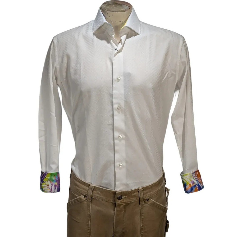 Bertigo White Chevron Jacquard Button Down Shirt Tropical Cuff Sz XXL NWT $159