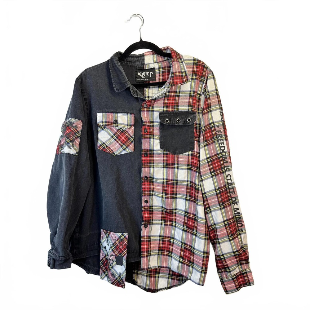 Kleep Menswear Patchwork Plaid and Solid Shirt Large