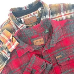 Orvis Mens Plaid Flannel Button Down Shirt Lot 2 Large Red Brown Cotton Blend