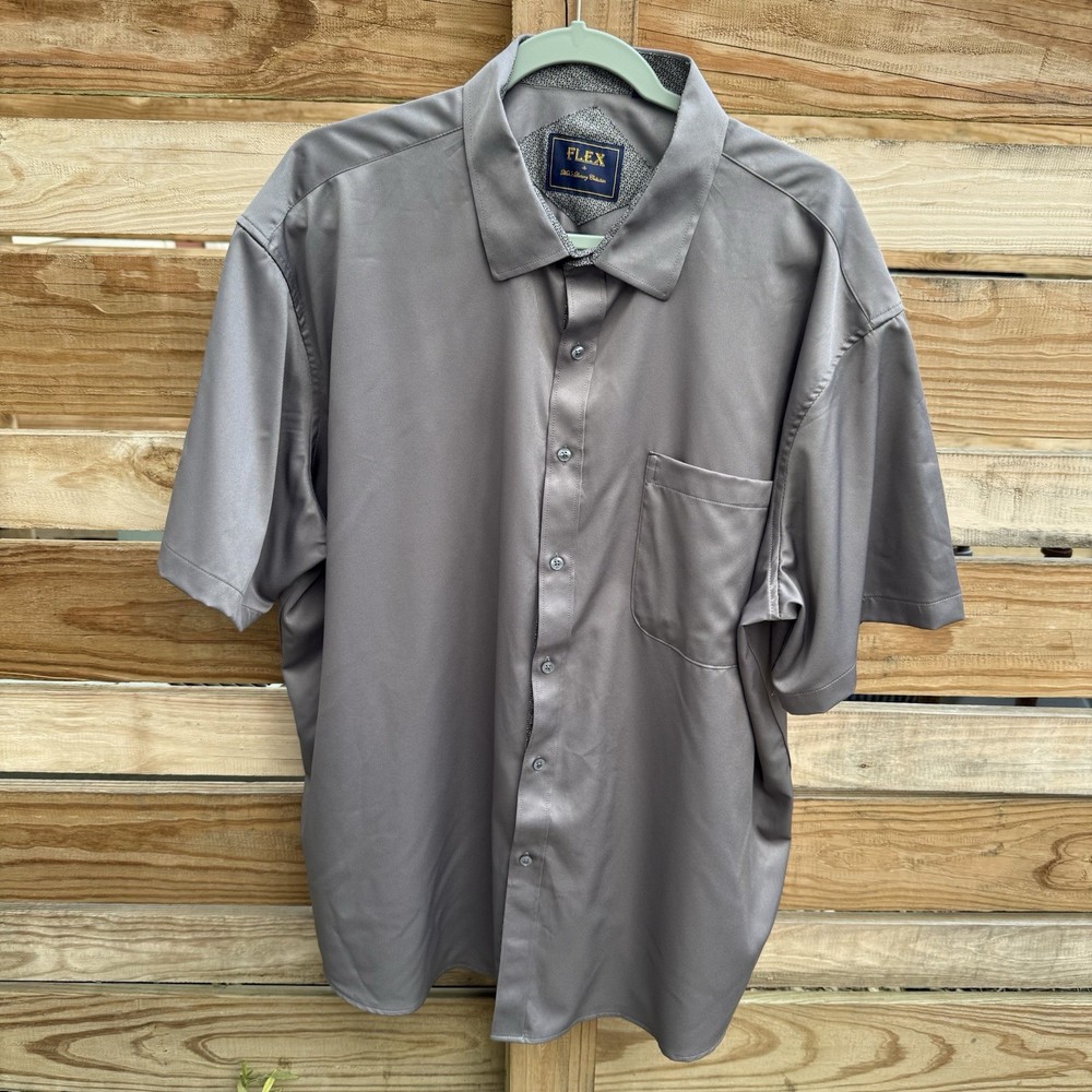 FLEX Men’s Luxury Edition 3XL Gray Solid Woven Polyester Button-Up Shirt Pockets