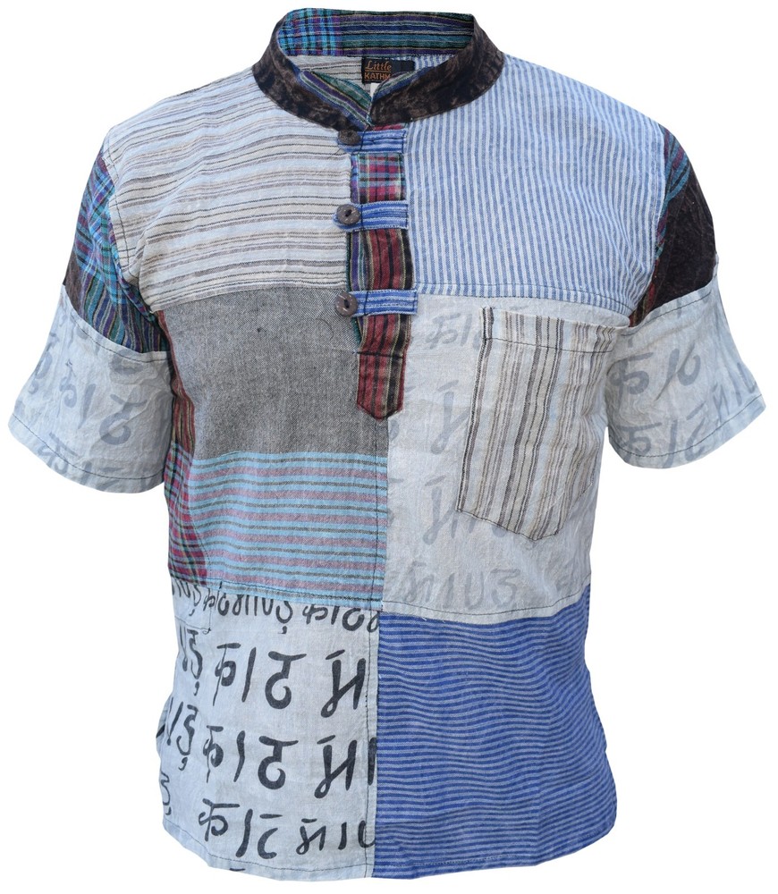 Mens Kathmandu Printed Patchwork Grandad Short Sleeve Festival Kurta Shirt Top