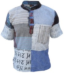 Mens Kathmandu Printed Patchwork Grandad Short Sleeve Festival Kurta Shirt Top