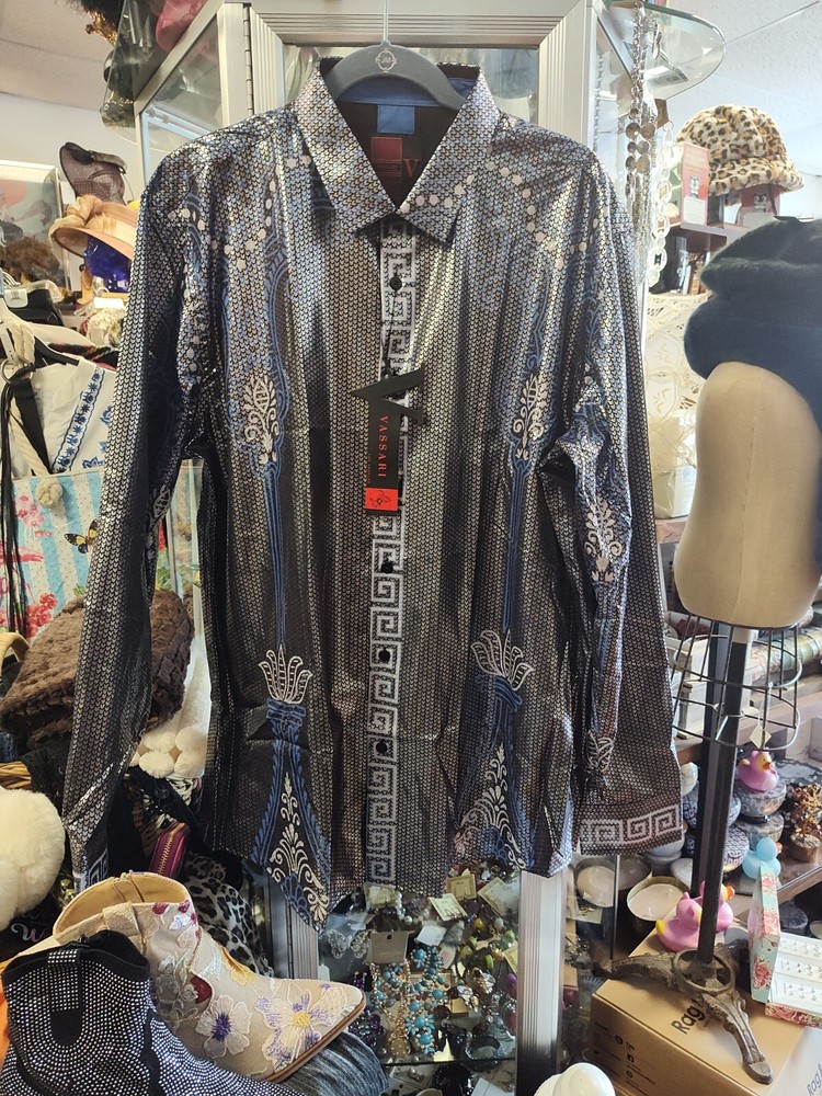 Men’s Vassari Los Angeles Long Sleeve Button Up blue GREEK KEY SILVER SZ 3XL