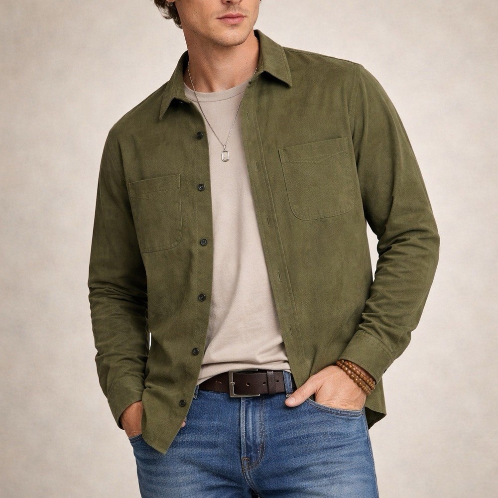 John Henry Mens Button Down Shirt Large Olive Green Micro Suede Feel