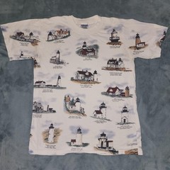Vintage Shirt Mens Medium White Lighthouse Graphic All Over Ultra Cotton Tee