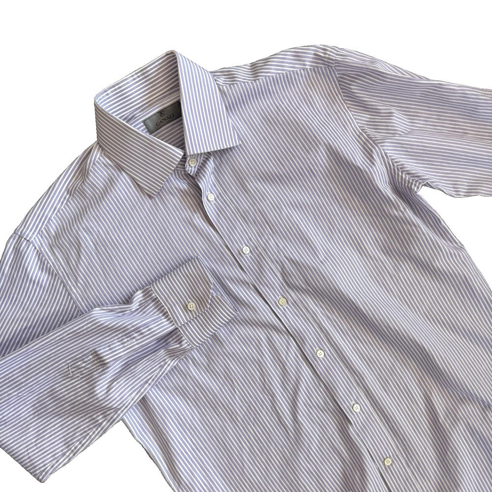 Canali Dress Shirt Men 16.5 42 Purple White Bengal Stripes Cotton Made in Italy