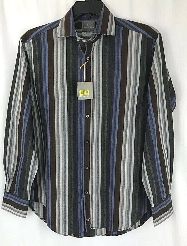 Thomas Dean Shirt Top Medium Button Down Long Sleeve Stripe Blue Brown New $110