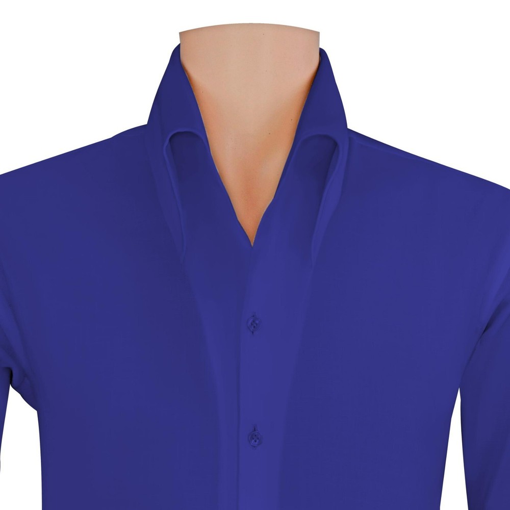 High Open Button Down Collar V Neck Royal Blue Men’s Formal Attire Cotton Shirt