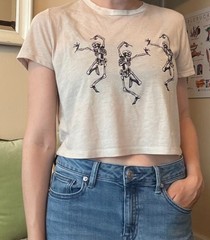 Dancing Skeleton Graphic Crop Top T-shirt, Playful Graphic T-Shirt, Medium