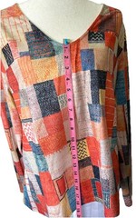 Artistic Patchwork Abstract Print Long Sleeve V-Neck Top Women’s Large Geometric