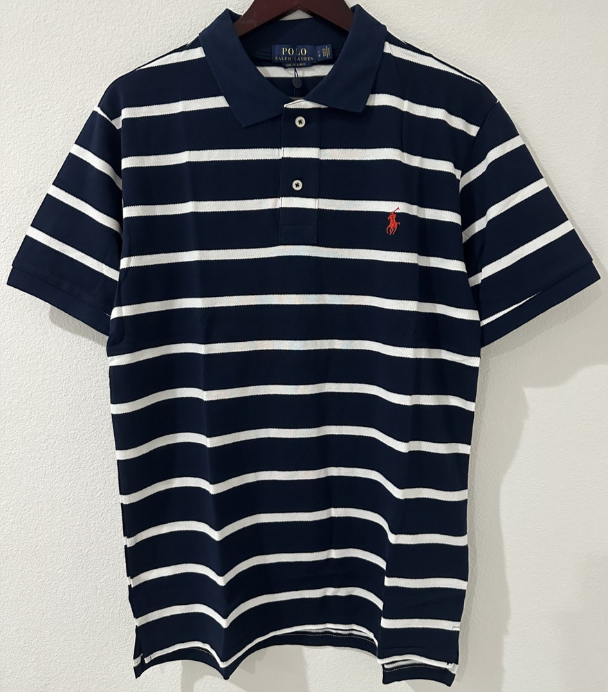 Ralph Lauren Men’s Custom Slim Fit Polo Shirt Navy/White Stripe L Mesh New
