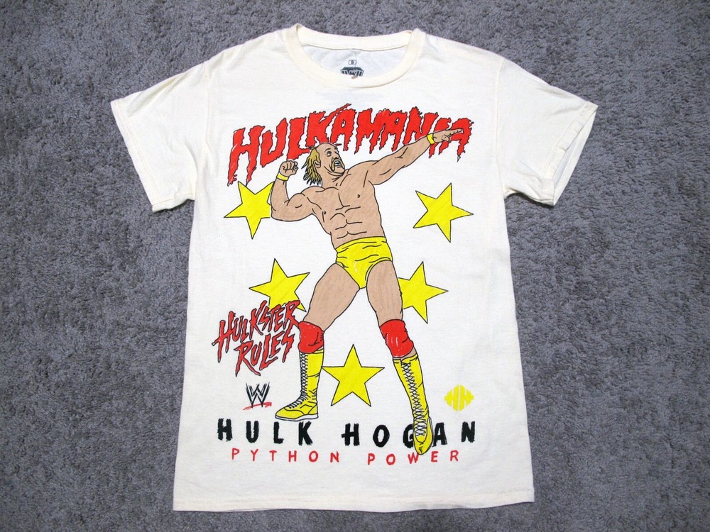 WWE Hulk Hogan Hulkster Rules Python Power cream t-shirt sz S wwf hulkamania vtg
