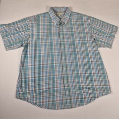 Haggar Button Down Shirt Men’s 2XL Short Sleeve Blue Green White Plaid Casual