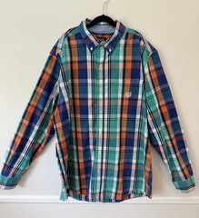 Chaps Men’s Button Down Shirt Large Multicolor Plaid Blue White Orange Green