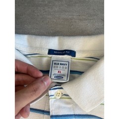 Old Navy Mens White Blue Green Striped Fleur De Lis Polo Shirt Size 22.5×26