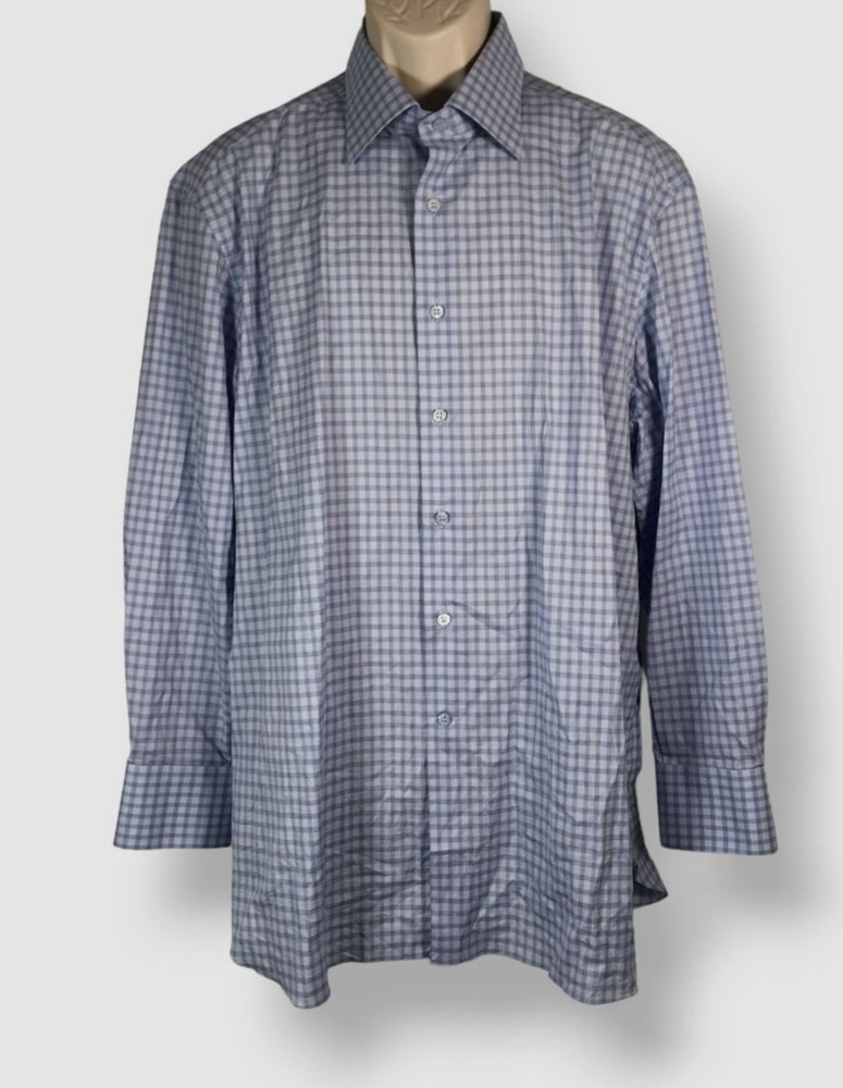 Stefano Ricci Men’s Blue Plaid Button Down Dress Shirt Size 17.5 / 44