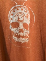 LRS Graphic Tee Orange Skeleton Fly Fisherman Holding Brown Trout Size M / L
